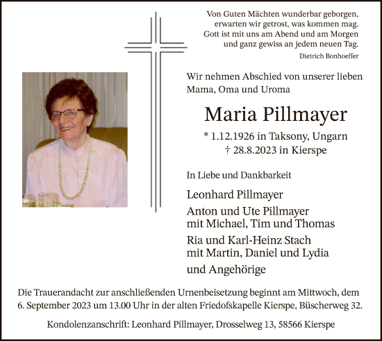 Todesanzeige von Maria Pillmayer von WA