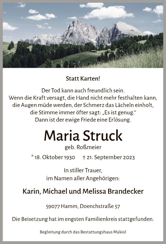 Todesanzeige von Maria Struck von WA
