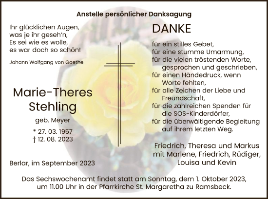 Todesanzeige von Marie-Theres Stehling von WA
