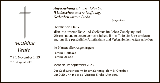 Todesanzeige von Mathilde Vente von WA