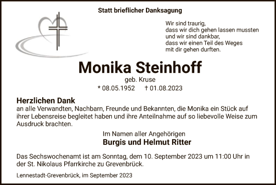 Todesanzeige von Monika Steinhoff von WAWA