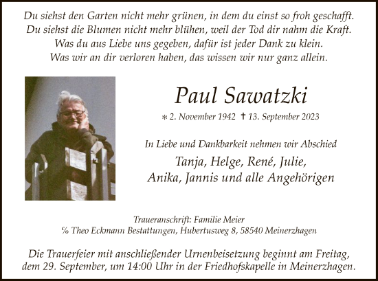 Todesanzeige von Paul Sawatzki von WA