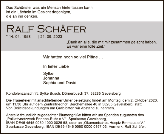 Todesanzeige von Ralf Schäfer von WA
