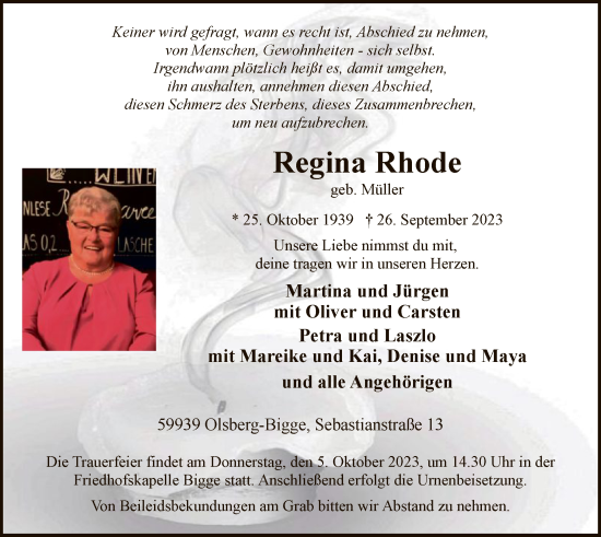 Todesanzeige von Regina Rhode von WA