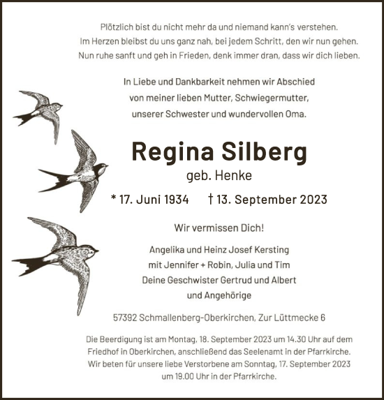 Todesanzeige von Regina Silberg von WA