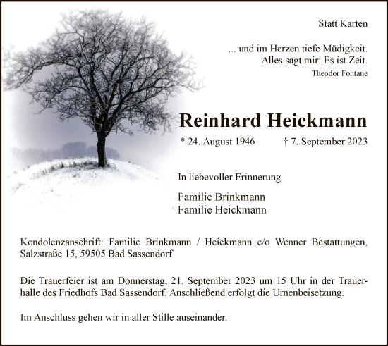 Todesanzeige von Reinhard Heickmann von WA