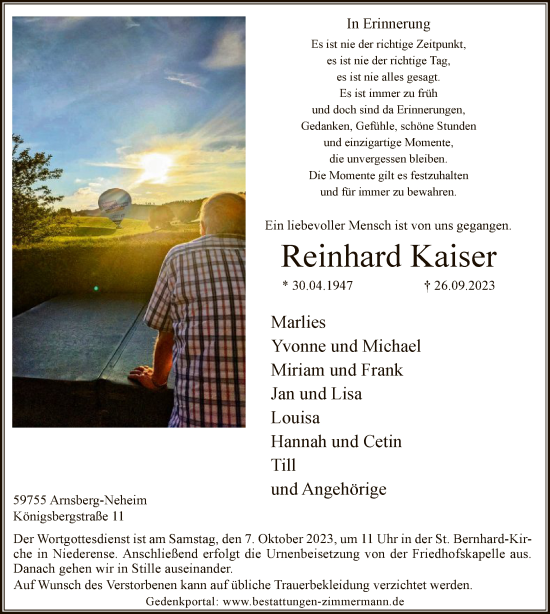 Todesanzeige von Reinhard Kaiser von WA