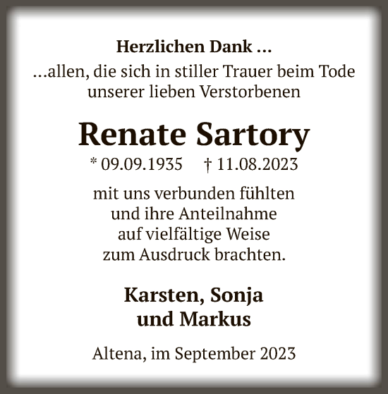 Todesanzeige von Renate Sartory von WA