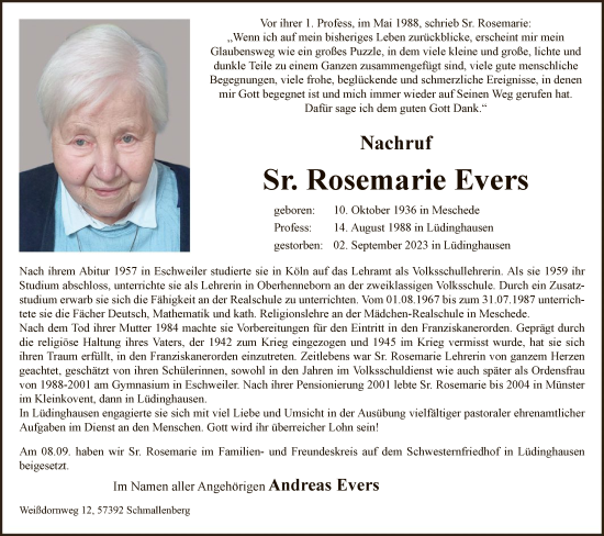 Todesanzeige von Rosemarie Evers von WA