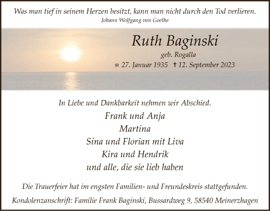 Todesanzeige von Ruth Baginski von WA