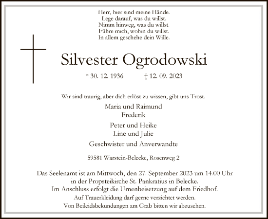 Todesanzeige von Silvester Ogrodowski von WA