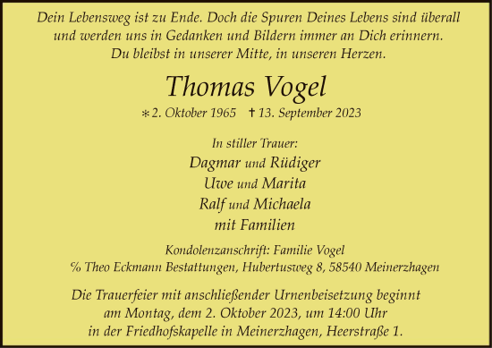 Todesanzeige von Thomas Vogel von WA