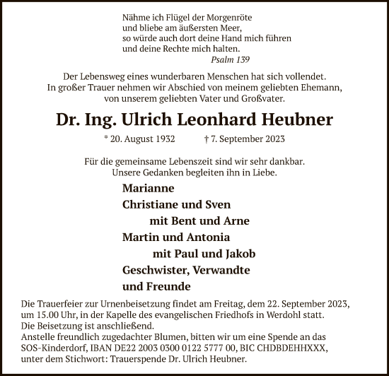 Todesanzeige von Ulrich Leonhard Heubner von WA