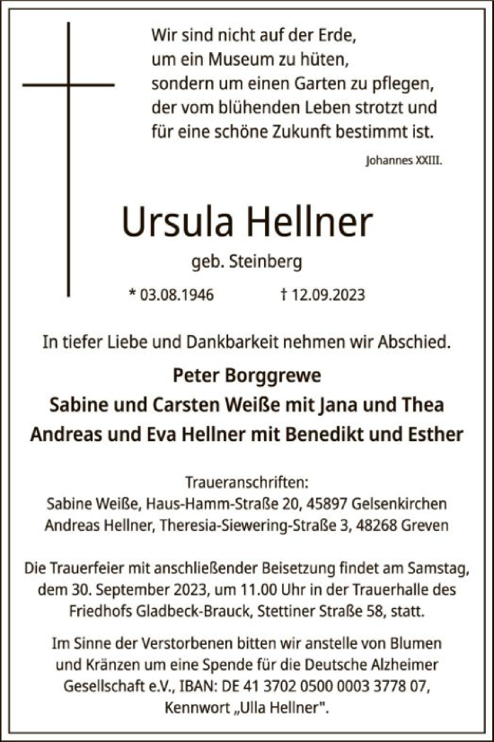 Todesanzeige von Ursula Hellner von WA