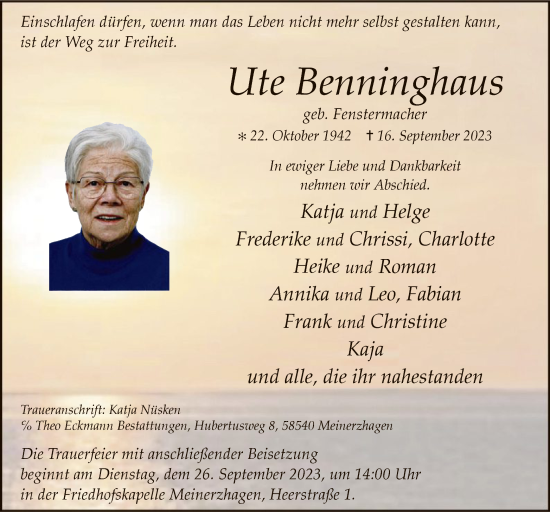 Todesanzeige von Ute Benninghaus von WA