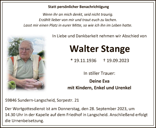 Todesanzeige von Walter Stange von WA