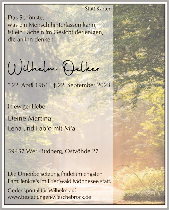 Todesanzeige von Wilhelm Oelker von WA