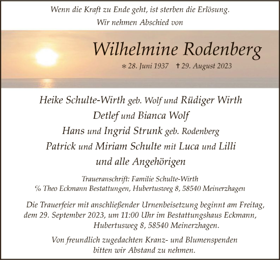 Todesanzeige von Wilhelmine Rodenberg von WA