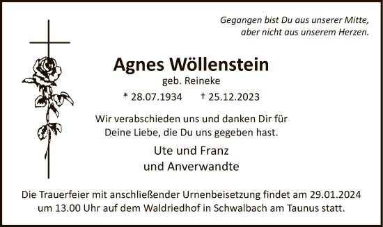 Todesanzeige von Agnes Wöllenstein von WA