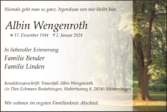 Todesanzeige von Albin Wengenroth von WA