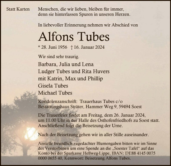 Todesanzeige von Alfons Tubes von WA