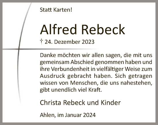 Todesanzeige von Alfred Rebeck von WA