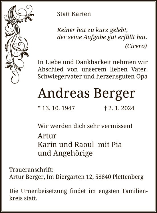 Todesanzeige von Andreas Berger von WA