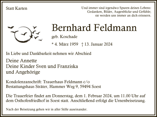 Todesanzeige von Bernhard Feldmann von WA