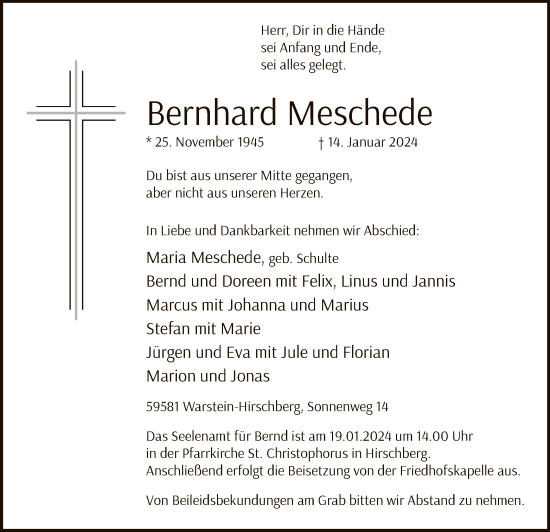 Todesanzeige von Bernhard Meschede von WA