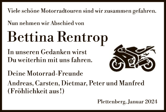Todesanzeige von Bettina Rentrop von WA