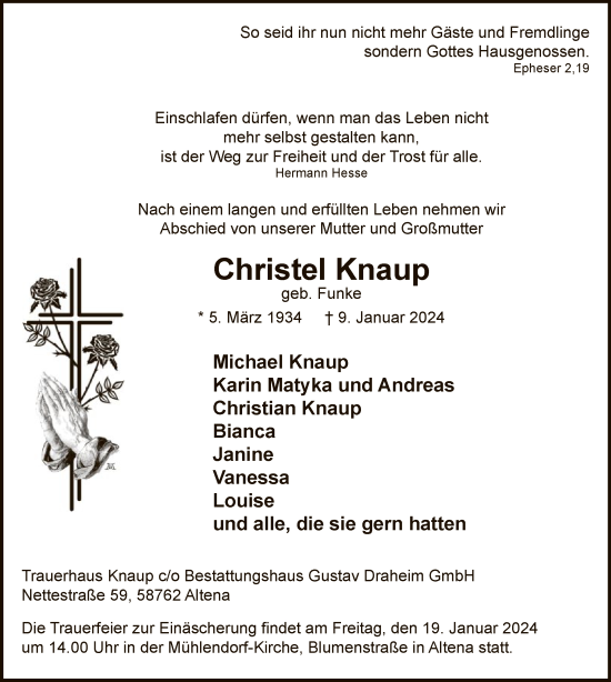 Todesanzeige von Christel Knaup von WA