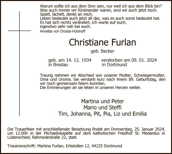 Todesanzeige von Christiane Furlan von WA