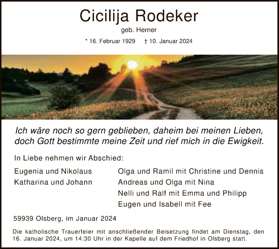 Todesanzeige von Cicilija Rodeker von WA