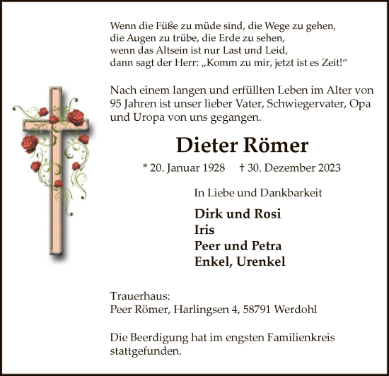 Todesanzeige von Dieter Römer von WA