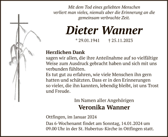 Todesanzeige von Dieter Wanner von WA
