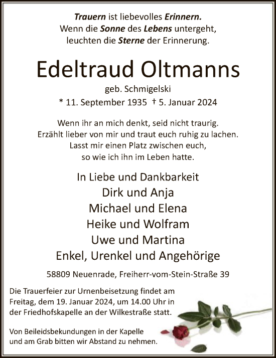 Todesanzeige von Edeltraud Oltmanns von WA