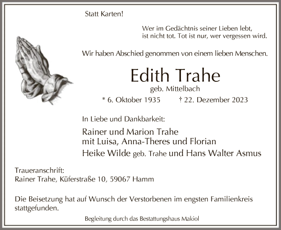 Todesanzeige von Edith Trahe von WA
