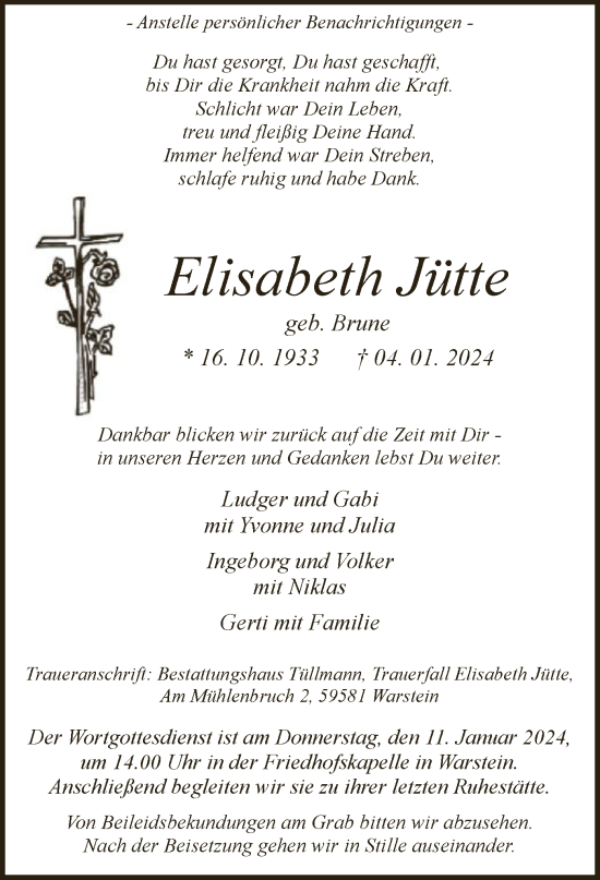 Todesanzeige von Elisabeth Jütte von WA