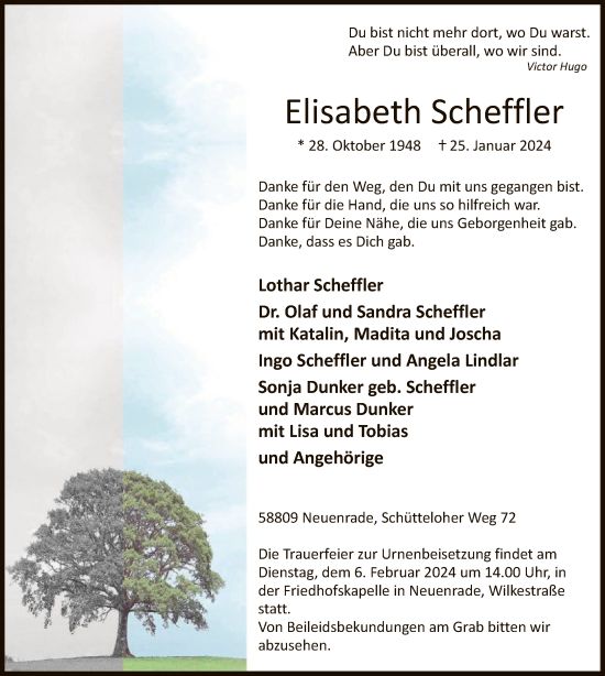 Todesanzeige von Elisabeth Scheffler von WA