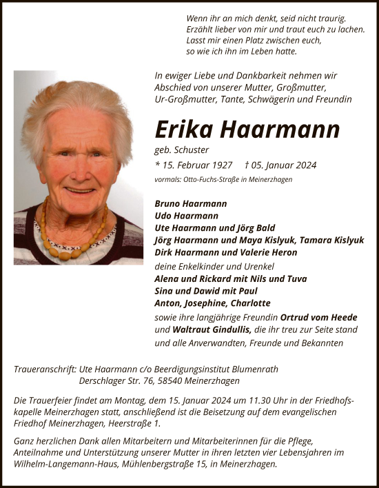 Todesanzeige von Erika Haarmann von WA