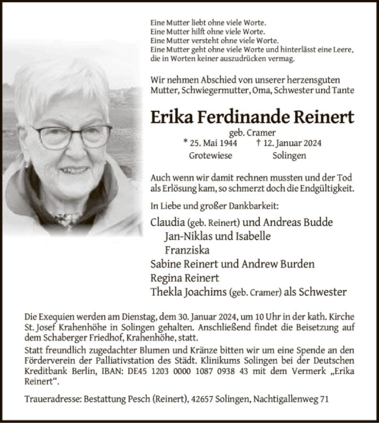 Todesanzeige von Erika Ferdinande Reinert von WA