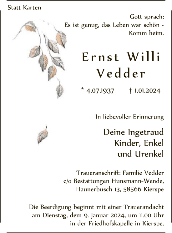 Todesanzeige von Ernst Willi Vedder von WA