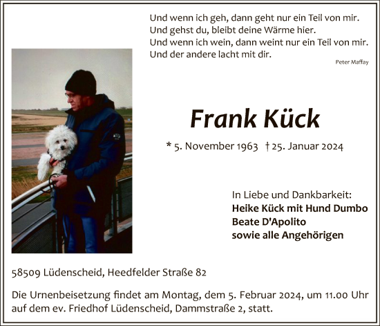 Todesanzeige von Frank Kück von WA