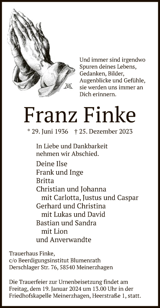 Todesanzeige von Franz Finke von WA