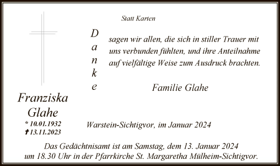Todesanzeige von Franziska Glahe von WA