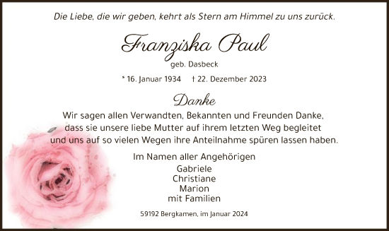 Todesanzeige von Franziska Paul von WA