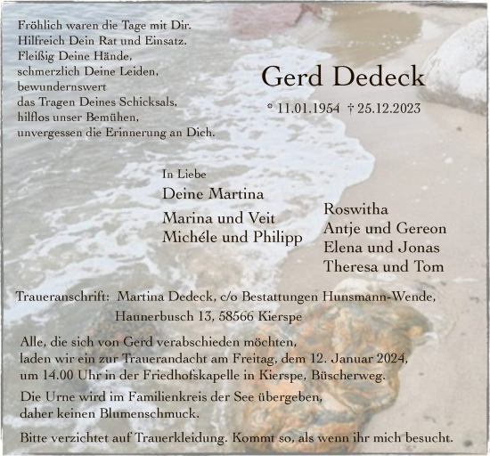Todesanzeige von Gerd Dedeck von WA