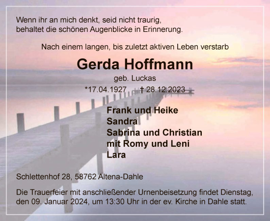 Todesanzeige von Gerda Hoffmann von WA