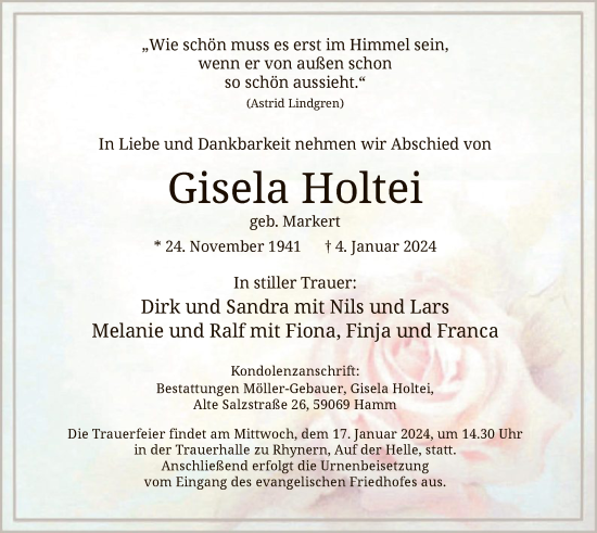 Todesanzeige von Gisela Holte von WA