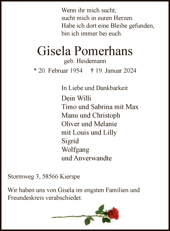 Todesanzeige von Gisela Pomerhans von WA